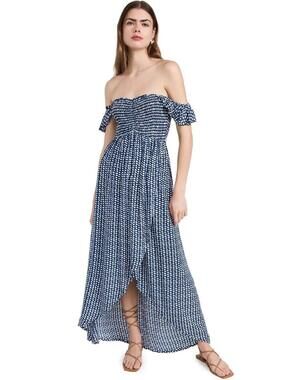 Tiare Hawaii Paradise Maxi Dress Navy Polka Dot Smocked High Low One Size OS